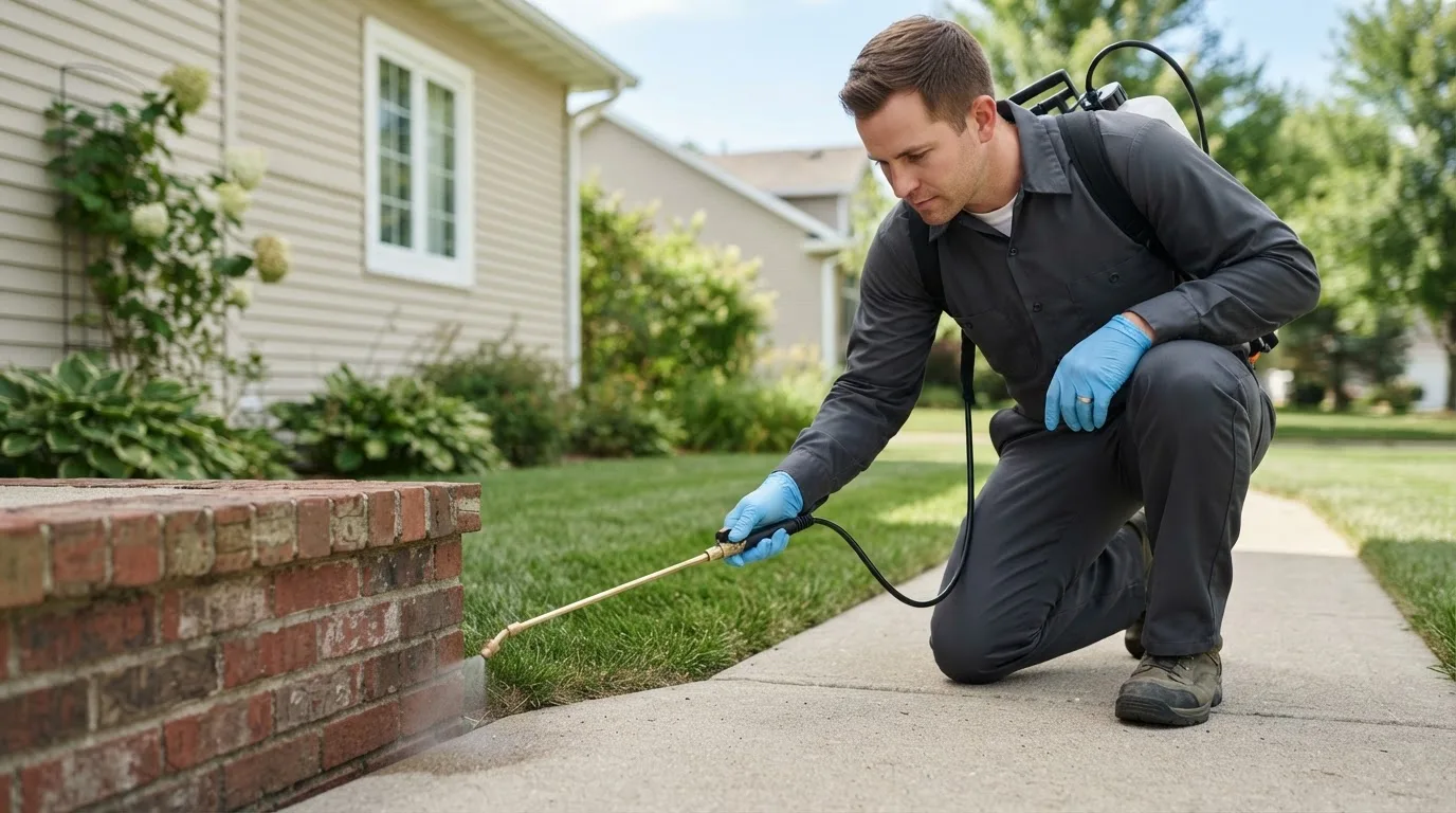 Pest control technician treating a home near Coupland, TX