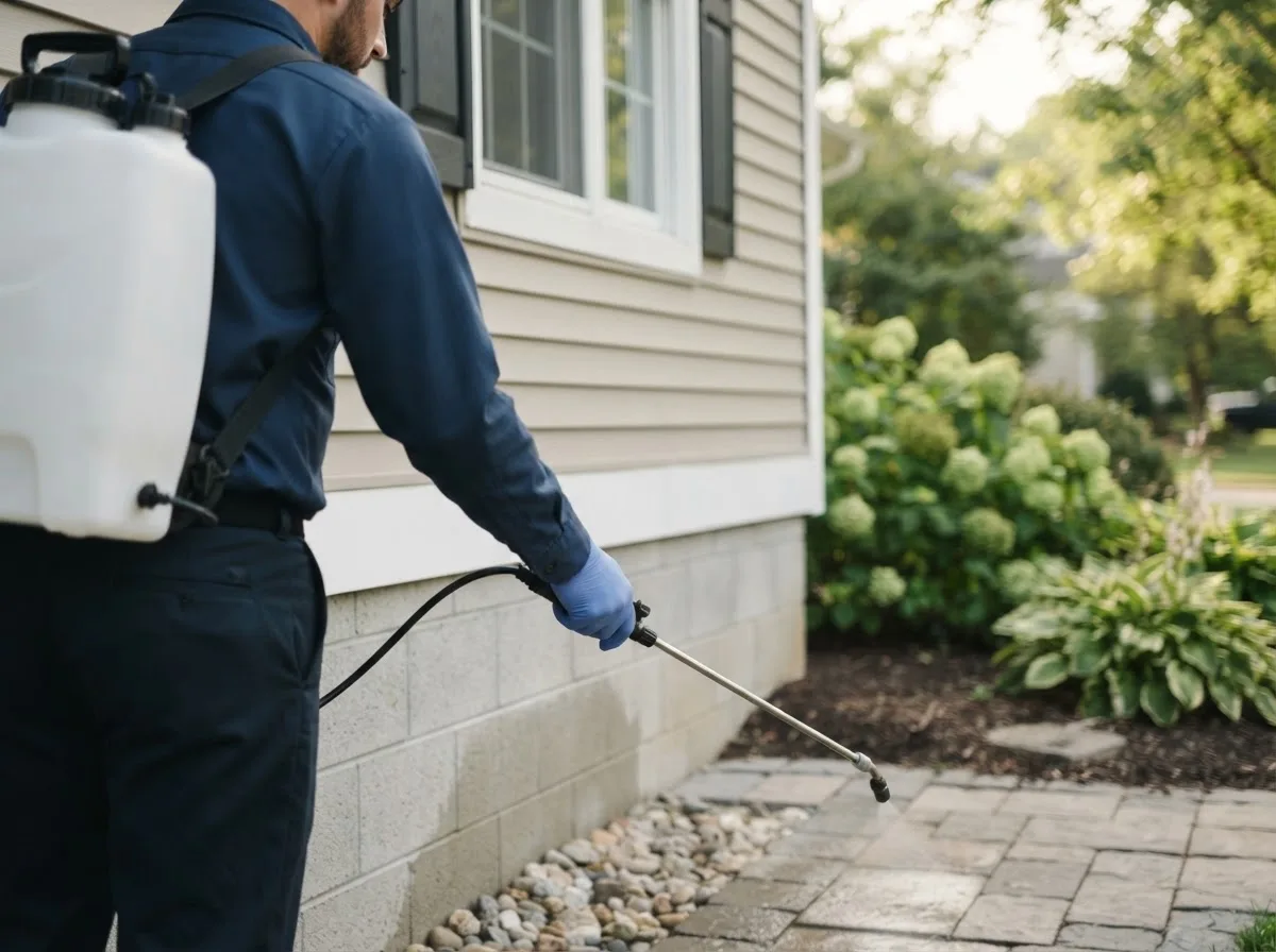 Pest control technician inspecting a home in Coupland, TX